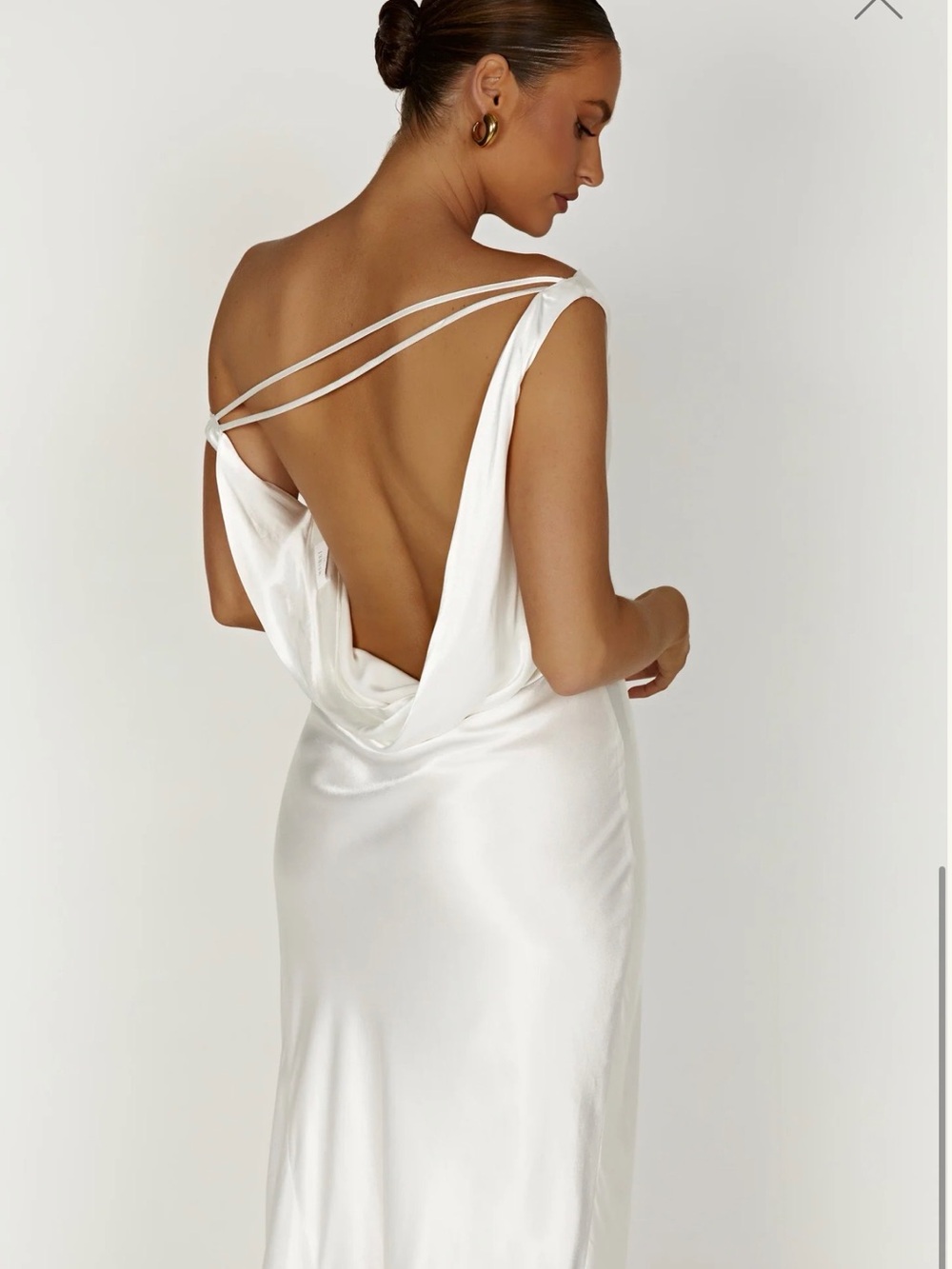 Meshki White Satin Asymmetrical Cowl Back Dress